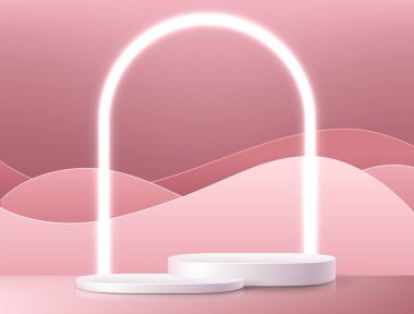 Ürün standı. Ürün gösterimi ve sunumu için gerçekçi, minimalist, boş, beyaz platform tasarımı, geometrik, parlak kemerli stüdyo podyumu. vektör 3d arkaplan tasarımı