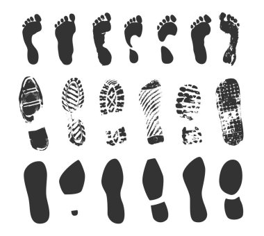 Ayak izi ikonu. Yalınayak insan ya da ayakkabı izleri. Ayak izleri siluetleri. Ayakkabı ve spor ayakkabı izleri. Ayakkabı izi şekilleri. Bacak izi koleksiyonu. Ayak izi var. Vektör sembolü ayarlandı