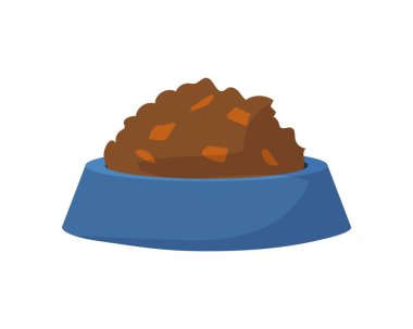 Karikatürdeki evcil hayvan besleyicisi. Evcil hayvanları beslemek için dolu bir tabak. Kuru köpek ya da kedi maması ile izole edilmiş bir kase. Yuvarlak yemek tabağı. Kediler ve köpekler suç ortağı. Vektör veteriner malzemeleri
