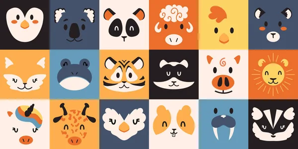 Animal portraits. Wild and domestic creature avatars. Minimalistic penguin, toad and panda heads. Koala, sheep or chick faces. Fluffy fox, tiger and raccoon. Vector birds and mammals set — Stock Vector