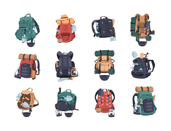 Hiking bags. Camping and travel rucksack for mountain hiking and expedition. Military adventure knapsack. Active outdoor leisure haversacks. Camper baggage. Vector retro backpacks set