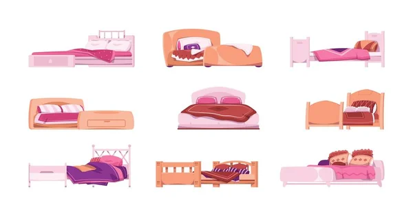 寝室の家具。ヘッドボードと羽根睡眠枕を備えた漫画のヴィンテージ木製ベッド。クッションとマットレス。快適な毛布や繊維を再生します。ベクトルホームインテリア要素セット — ストックベクタ