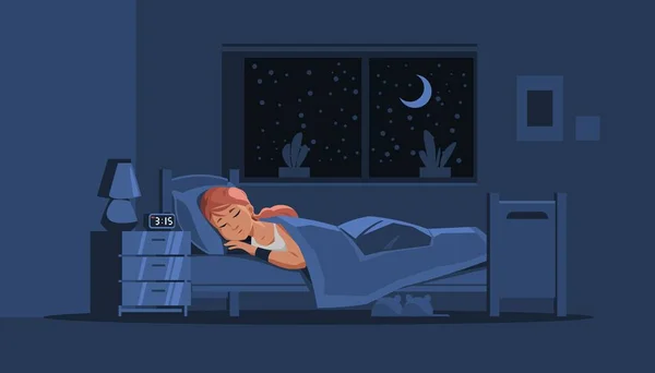 Girl sleeping in bed. Night scene with young woman resting in her bedroom. Dream and relax on mattress with pillow and blanket. Person lying on bunk. Dark room. Vector illustration — Stock vektor