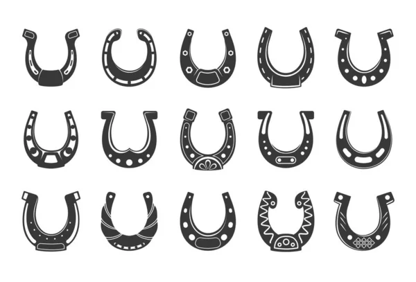 Black horseshoe. Lucky western blacksmith symbol, horse foot shoe equipment silhouette. Fortune talisman or amulet with decorative ornaments, icons collection. Vector isolated set — 图库矢量图片