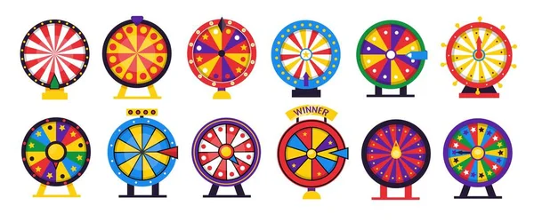 Fortune wheel. Spin casino game. Lottery lucky winner gaming turn with colored circles and arrows. Betting or roulette playing. Vector chance and prize rotating gambling equipment set — Stock Vector