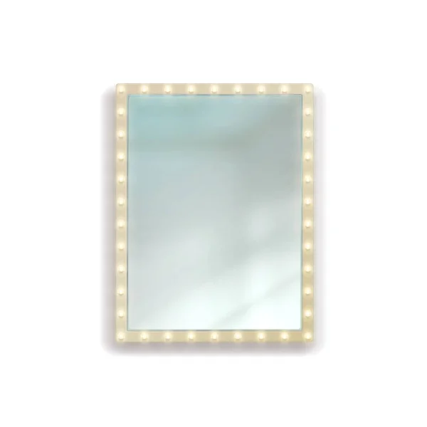 Realistisk rektangulär belyst spegel. Fyrkantig reflekterande yta hängande på vägg. Heminredning. Geometrisk ram med glödlampor. Vektor 3D möbler för sovrum eller omklädningsrum — Stock vektor