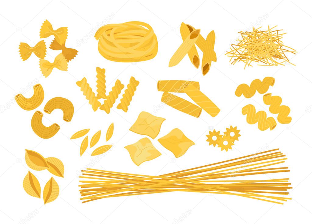 Cartoon pasta. Doodle macaroni. Italian different types of wheat food. Delicious farfalle or spaghetti. Isolated tagliatelle and cavatappi. Raw fusilli or penne. Vector flour products set