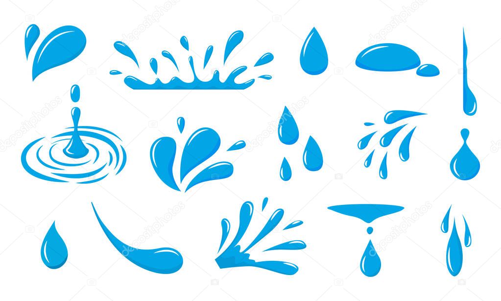 Water drop icon. Blue raindrop and droplet logo. Graphic drip and oil splash. Liquid falling dew and fluid splatter. Pure fresh drink. Clean aqua elements. Vector dripping blobs set