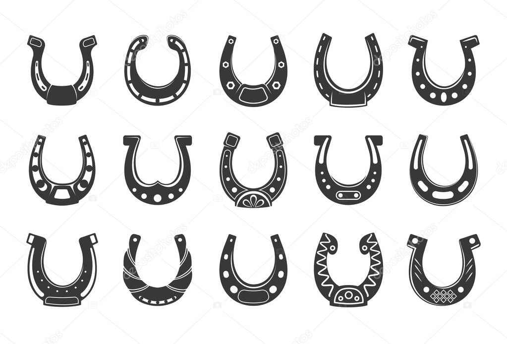 Black horseshoe. Lucky western blacksmith symbol, horse foot shoe equipment silhouette. Fortune talisman or amulet with decorative ornaments, icons collection. Vector isolated on white background set