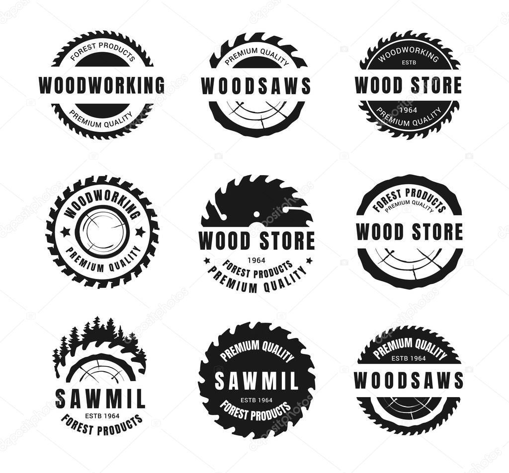 Circular saw logo. Metal blade for woodwork and carpentry silhouette badges. Sawmill and lumber house emblem. Woodworking rotating tools and tree logs. Vector wood store company black labels set