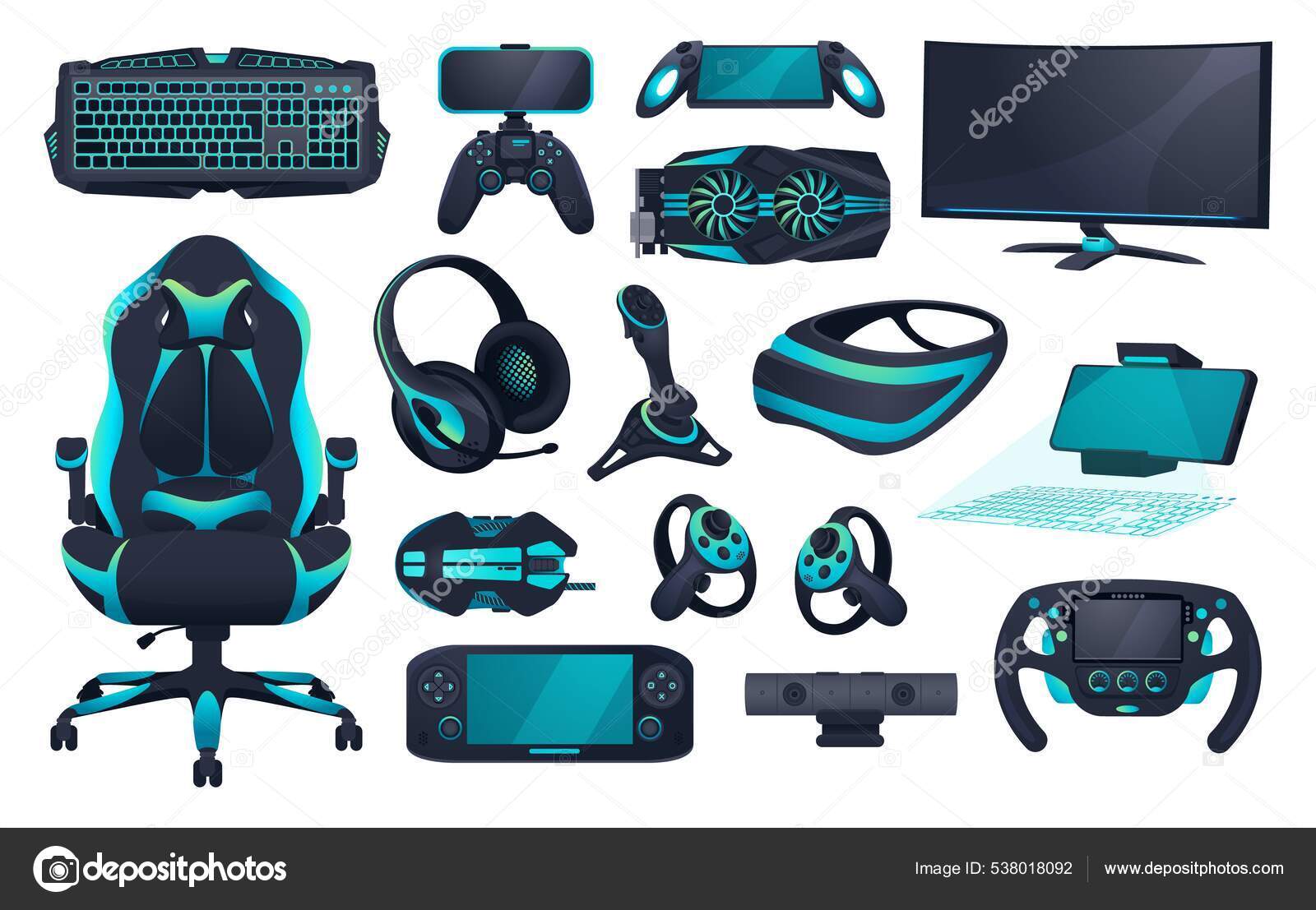 Gaming Game controller PC peripherals. accessories. Armchair and computer monitor. Headset and keypad. VR glasses. Vector isolated electronic devices set Stock Vector Image by ©SpicyTruffel