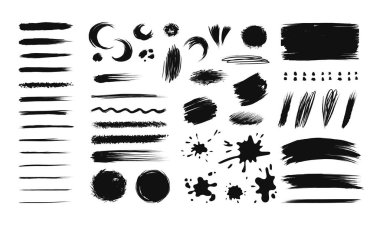 Mürekkep fırçası darbesi. Sıkıntılı boya fırçası sıçrama şekli. Asık suratlı, yazı için renkli afiş. Karalamalar ya da karalamalar. Soyut kabataslak lekeler. Fırça darbesi altı çizgileri. Vektör dağınık desenleri ayarlandı