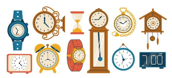 Doodle watch. Cartoon analog and modern timepieces. Digital wristwatch and interior chronometers. Retro alarm clock and hourglass. Dial with arrows. Vector time measure instruments set — Stockvektor