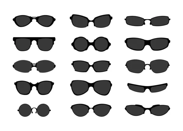 Gafas de sol negras. Espectáculos de moda retro de diferentes formas. Gafas de estilo vintage. Geek o logo de óptica de medicina. Protección contra la luz solar. Gafas oscuras. Vector conjunto de accesorios de verano — Archivo Imágenes Vectoriales