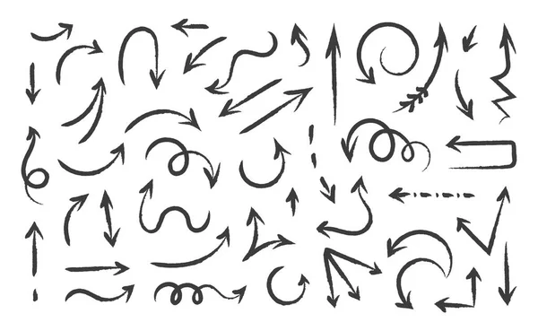 Hand drawn arrows. Paintbrush sketch of direction signs. Ink pen and pencil isolated abstract pointers. Left and right turning symbols. Vector doodle navigational geometric icons set — Stockvektor