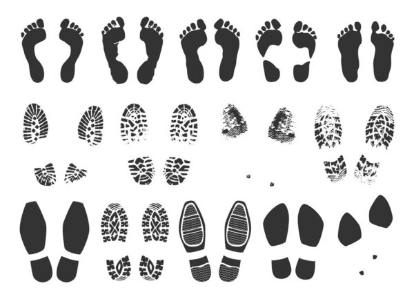 Footstep icon. Footprint black symbols collection. Bare human feet and shoe print tracks. Sneaker and boot sole traces. Male and female footwear stamps. Vector dirty leg imprints set