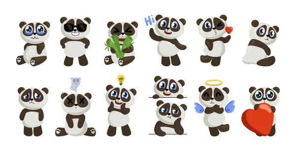 Cartoon panda. Cute baby bear mascot. Jungle animal character with smile face. Happy zoo pets emotion expression. Chinese teddy with bamboo and hearts. Vector adorable mammals set —  Vetores de Stock