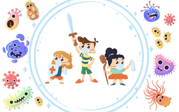 Kids fight virus. Children fighting against Covid and flu disease bacteria. Immunity protection concept. Pathogenic microorganisms. Boys and girls in protective dome. Vector illustration — стоковий вектор