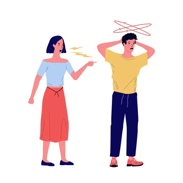 Girl yells at boy. Couple quarrels. Woman screams at boyfriend. Stressed man ignores girlfriend. Communication problem. Divorce and relationship conflict. Vector aggressive conversation — 图库矢量图片