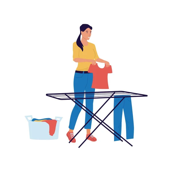 Woman lays things out on dryer. Housekeeper dries laundry on clothesline. Young female character hangs t-shirt and pants on rope. Household collapsible equipment. Vector chores concept — Stock vektor