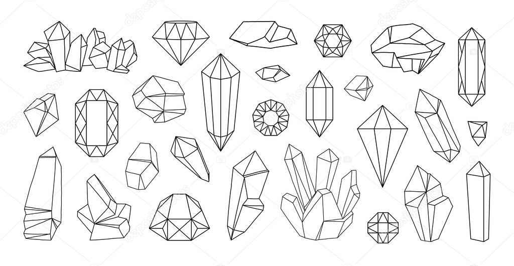 Line diamond jewels. Outline crystal gemstone. Quartz precious stones. Black contour gems. Rubies and sapphires. Faceted treasure brilliants. Natural minerals. Vector doodle rocks set