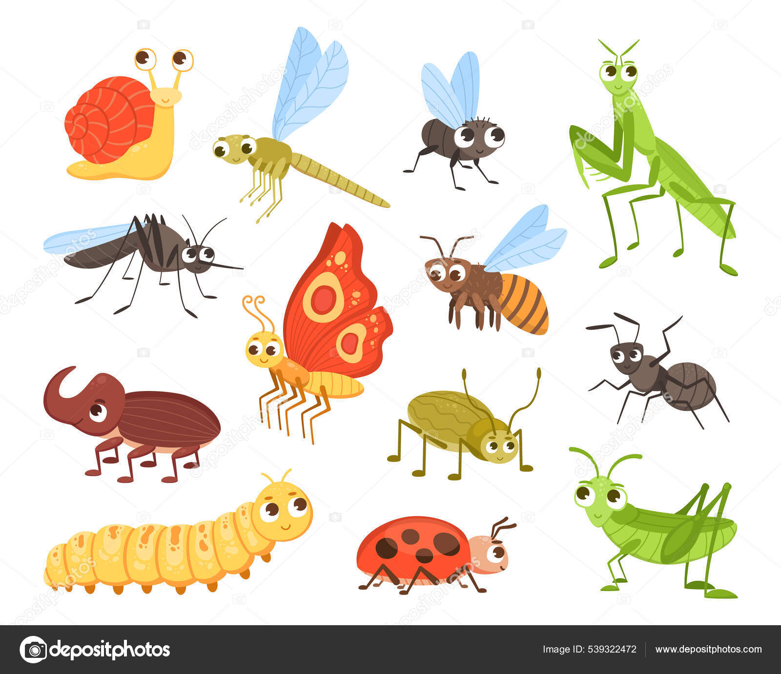 Cute Insects. Cartoon Bug And Butterfly Mascots. Ladybug And.
