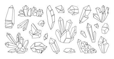 Çizgi kristal taş. Çokgen minerallerini özetle. Taş ve mücevher çizimleri. Geometrik değerli taş çizimi. Kıymetli topaz ve aquamarine. Doğal jeolojik şekil. Vektör izole yapay elmaslar ayarlandı