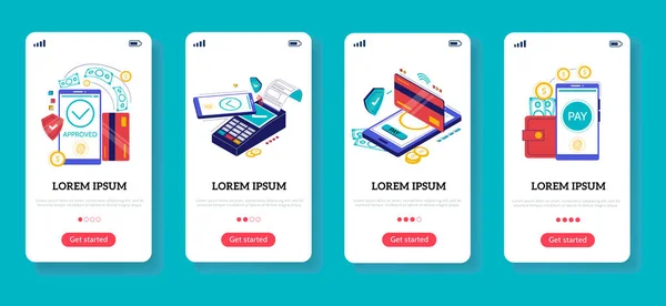 Mobile bank onboard screen. Financial application for wireless money transfer and online shopping concept. Crypto wallet phone landing page design. Vector banking app interfaces set —  Vetores de Stock