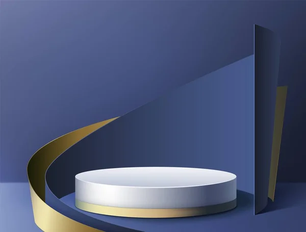Platform background. 3D product display backdrop with minimalistic studio and abstract geometric pedestal. Empty cylindrical podium. Gold and blue showcase. Vector exhibition stand — Vetor de Stock