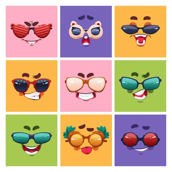 Cara con gafas emoción. Personajes de dibujos animados con expresiones cómicas y gafas de sol. Sonriente nerd lindo avatar. Cejas y boca sonriente. Conjunto vectorial de emociones alegres con gafas — Vector de stock