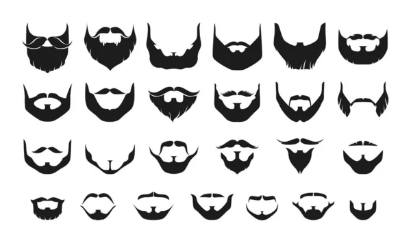 Beard silhouette. Different types of black mens face hair with or without moustache and whisker. Portrait facial elements graphic for haircut and barbershop. Vector isolated hairstyles set — Vetor de Stock