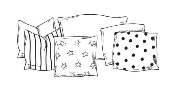 Hand drawn pillows. Doodle bedding. Feather cushions. Cozy sofa or bed textile accessories sketch. Interior comfortable soft decorations for bedroom and living room. Vector illustration —  Vetores de Stock