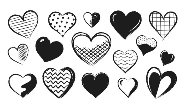 Heart sketch. Grunge paintbrush logo with primitive textures. Scribble ink shapes. Love and passion contour signs. Romance and marriage symbol. Vector Valentine brushstroke icons set — Stock Vector