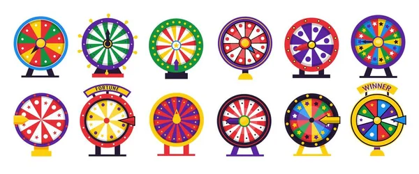 Roulette wheel. Spin fortune game. Cartoon casino lottery machine for winning prize or lose. Turn gamble circles with arrows and sectors. Vector lucky gambling rotate equipment set — Stock Vector