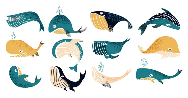 Ballena. Lindo animal marino. Personajes del océano azul para pegatinas e ilustración de niños. Jorobadas y cachalotes. Nadar criatura acuática con fuente de agua. Conjunto de mamíferos marinos vectores — Vector de stock