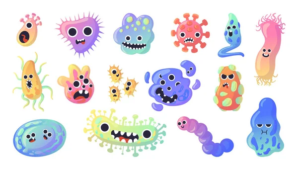 Cartoon kiemfiguur. Grappige bacteriën. Ameba cel. Virus en microbe met schattige gezichten. Afzonderlijke kleurrijke eencellige micro-organismen. Microscopische monsters. Vectorziekteverwekkers ingesteld — Stockvector