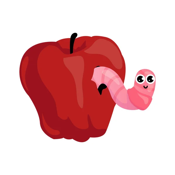 Cacing dan apel. Kartun ulat karakter menggali lubang pada buah merah manis. Serangga makan makanan alami di kebun. Hewan kecil yang merangkak. Aneh belatung dengan wajah bahagia. Ilustrasi vektor - Stok Vektor
