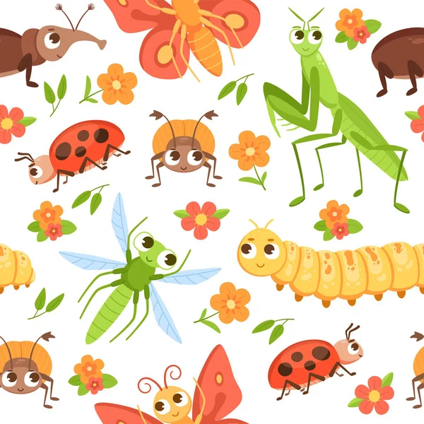 Cartoon insectenpatroon. Naadloze print met insectenfiguren en bloemen. Vlinder en kever met blije gezichten. Zomertuin dieren achtergrond. Grappig weevil en bidsprinkhaan. Vectorstructuur — Stockvector