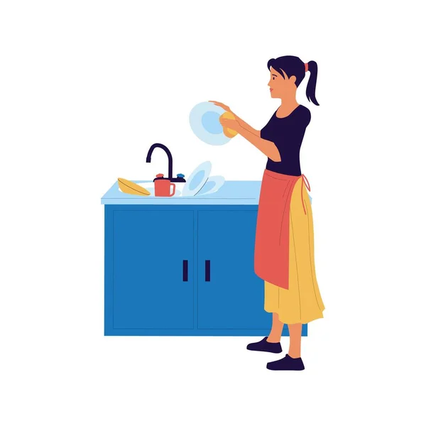 Woman wipes dishes. Cartoon female character washes crockery in sink. Housewife polishes plate with towel. Kitchen chores. Girl cleans utensil. Housekeeping activity. Vector home cleanup — стоковый вектор