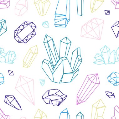 Treasure stones pattern. Seamless print with diamond and crystals gemstones. Faceted gems. Natural minerals. Precious ruby and amethyst. Line rhinestone. Luxury jewels. Vector texture