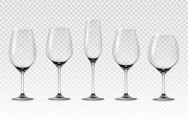 Realistic wine glass. Empty transparent crystal shiny high and round wineglasses. 3D stemware for grape alcohol beverages. Drinks serving glassware. Vector classic bar tableware set