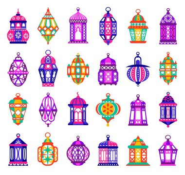 Ramadan lantern. Traditional Arabian Islamic colorful cartoon different fanous. Traditional religious holiday illumination. Hanging light elements. Vector isolated bright lamps set