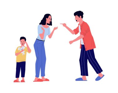 Father yelling at mother who protects child. Family quarrel. Moms protection of crying son. Unhappy woman. Shouting man. Relationship problem. Stressed communication. Vector arguing wife and husband