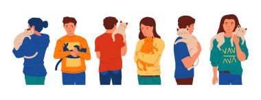 People with cats. Cartoon characters hugging and cuddling their pets, man and woman and their cats isolated on white. Vector set