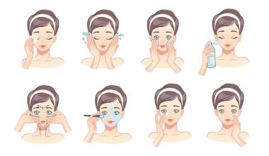 Face skin care. Cartoon young woman washing and cleaning her face with water and lotions. Vector Beaty procedures