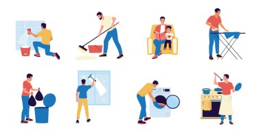 Dad housekeeper. Cartoon father character doing household work - cook, wash dishes, laundry, ironing, sitting with baby. Vector house chores set