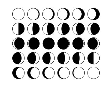 Moon phase. Half shape lunar cycle, Moon silhouette calendar concept, crescent and eclipse cosmos symbols. Vector set