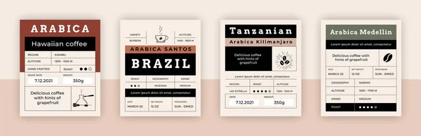 Coffee package emblem. Vintage Arabica pack label mockup with minimalistic graphic grid layout and place for text. Roasted beans square packaging tags. Vector espresso drink stickers set — Stockový vektor