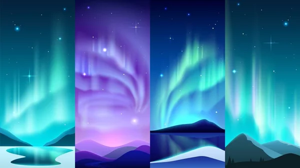 Aurora posters. Realistic Northern night sky glowing light with winter snowy landscapes. Mountains scenery. Arctic and Antarctic polar heaven illumination. Vector nighttime panoramas set —  Vetores de Stock