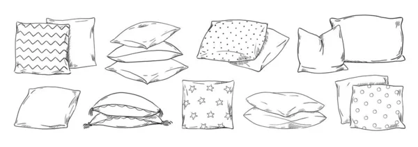 Cushion drawing. Doodle home bedroom pillows. Cozy hand drawn feather orthopedic bedding lay in stack. Interior comfortable sketch elements. Vector textile sleeping accessories set — Wektor stockowy